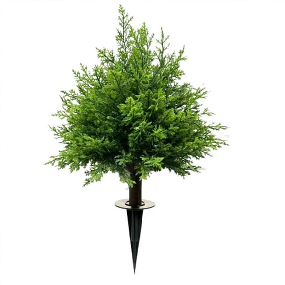 23 Inches Artificial Cedar Topiary Ball Trees with Ground Spike, UV Resistant Artificial Shrubs, Fake Evergreen Artificial Plant Brush for Indoor Outdoor Front Porch Garden
