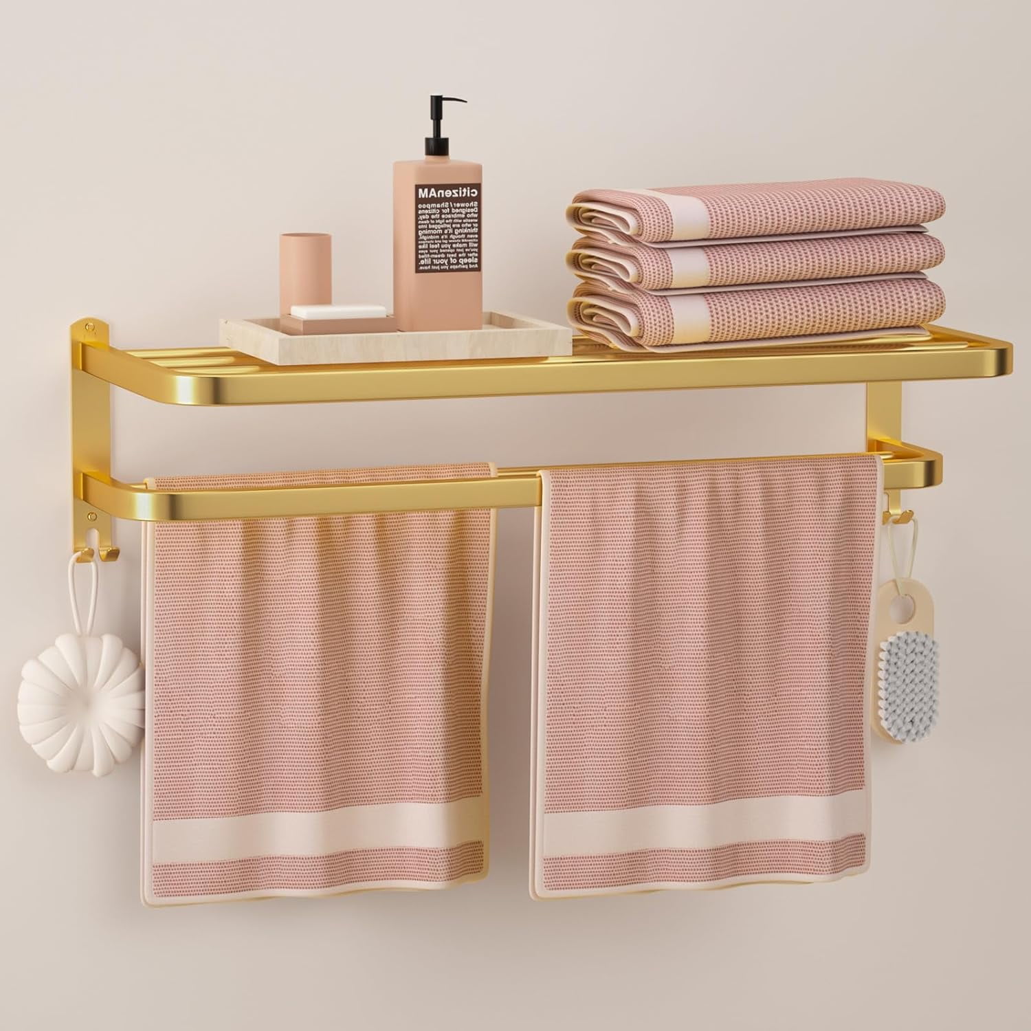 23 Inches Gold Bathroom Towel Rack with Double Bars and Hooks ...