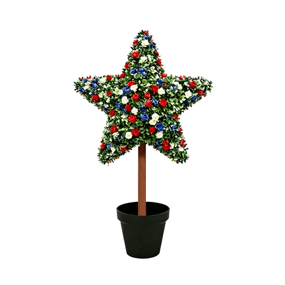 23" Independence Day Star Topiary Tree, Large Patriotic Red, White, and Blue Faux Rose Floral Potted Plant, Decorative July 4th Front Porch Accent for Memorial Day & Labor Day by JEWLALO