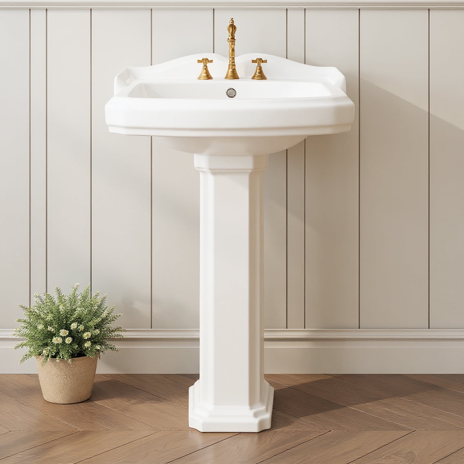 23"L x 19"W Rectangular Pedestal Sink, White Ceramic Pedestal Bathroom Sink with 3 Faucet Holes At 4" Faucet Centers, with Overflow (White Color)