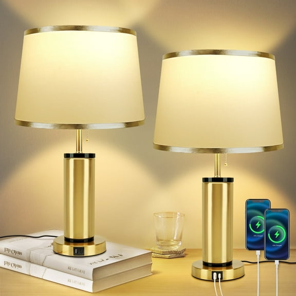 Tsothea 23" Modern Brass Desk Lamp Set of 2, White with Pull Chain & USB Ports