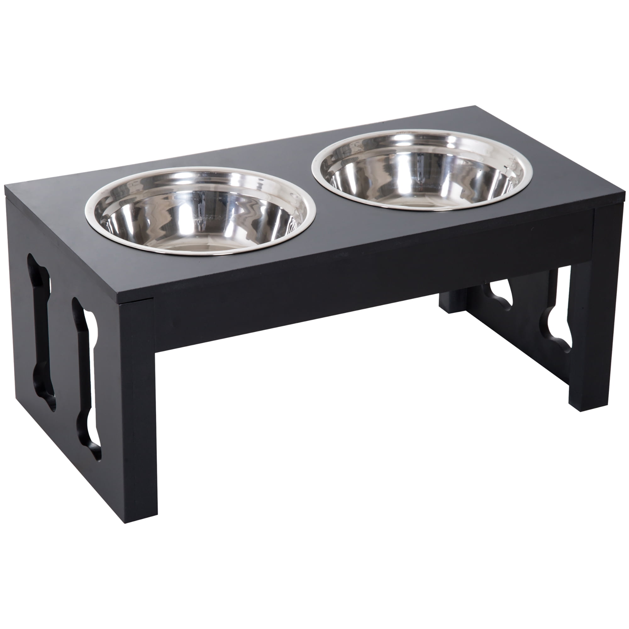 23" Modern Decorative Dog Bone Wooden Heavy Duty Pet Food Bowl Elevated Feeding Station, Black
