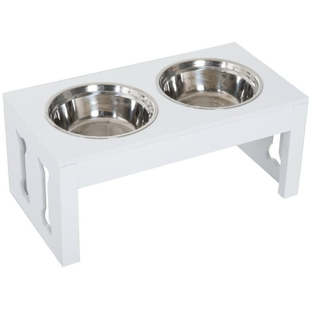 23" Modern Decorative Dog Bone Wooden Heavy Duty Pet Food Bowl Elevated Feeding Station, White