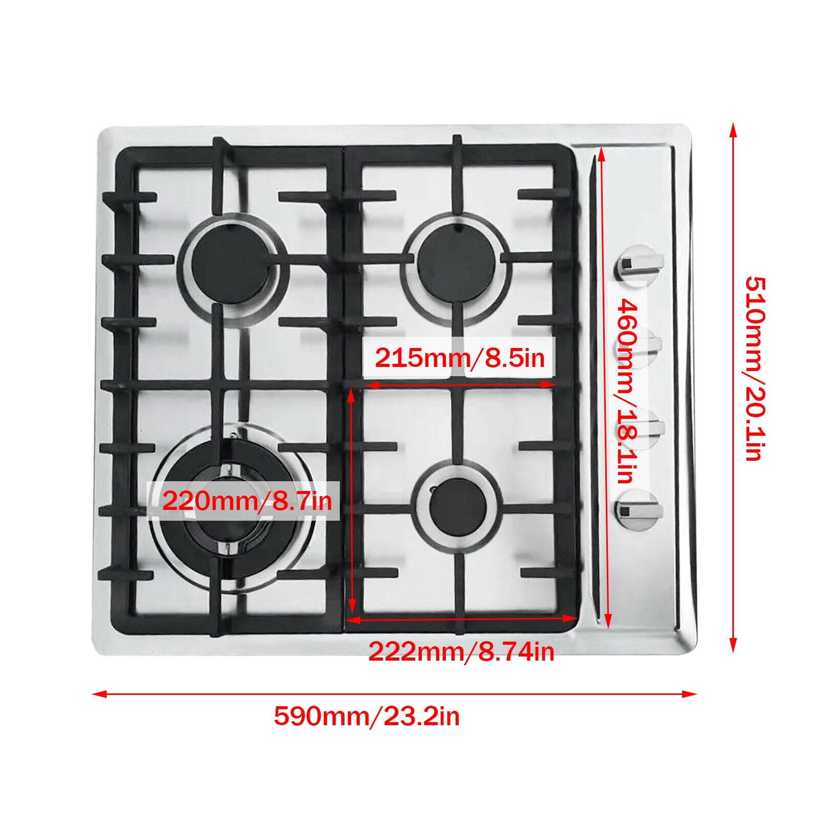 23" NG/LPG Cooktop 4 Burners Built-in Stove Stainless Steel Cooker Cook New Stainless Steel