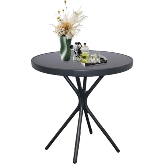 23" Outdoor Round Coffee Side Table, Versatile Patio Metal Bistro, End, or Accent Table with Tempered Glass Top, Small Outdoor Furniture Solution for Patio or Home Use