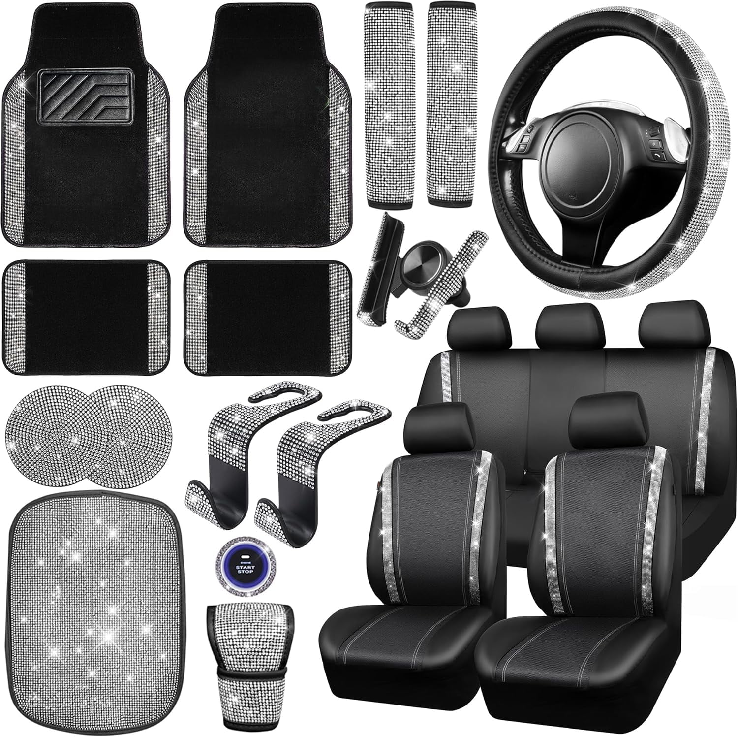 23 PCS Bling Car Accessories Set for Women Leather Car Seat Covers Full Set Sparkly Rhinestone15 Steering Wheel Covers Shining Diamond Car Floor Mats Cute Car Interior Sets Red Diamond Walmart