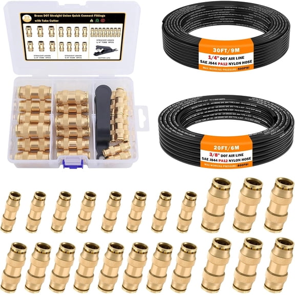 23 PCS Brass DOT Air Line Fittings with 30FT 1/4" and 20FT 3/8" DOT Air Line Kit Push Lock Quick Connect Fittings with Pneumatic Tubing Set