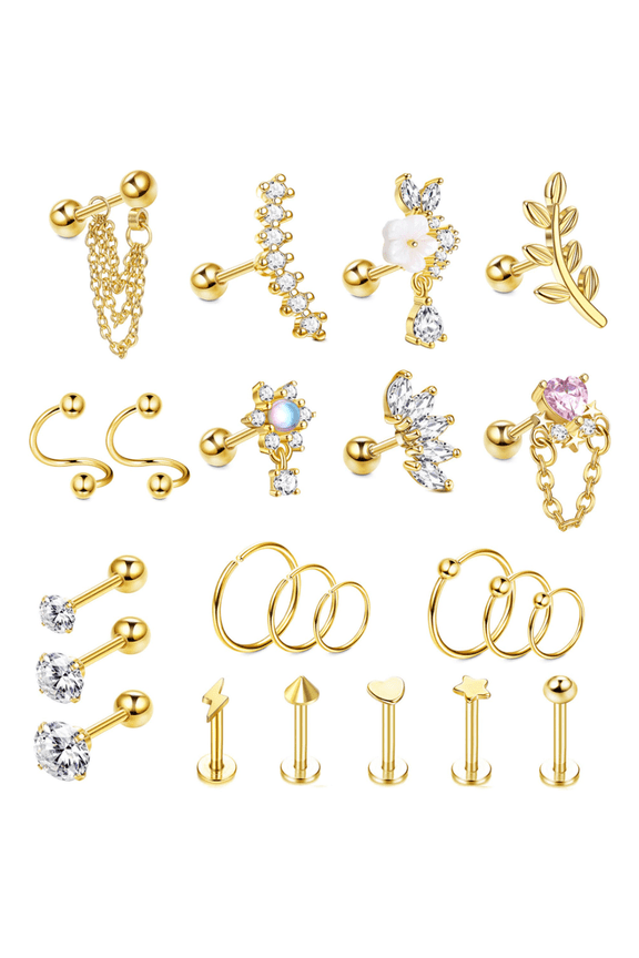 23 PCS Cartilage Earrings for Women Flat Back-Hypoallergenic Stainless Steel Stud Hoop Cartilage Earring Set Daith Conch Tragus Helix Piercing Jewelry