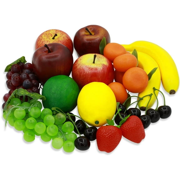 23 PCS Fake Fruit,Lifelike Realistic Faux Fruit Decor,Artificial Fake Fruits-Plastic Fruits for Decoration Include Fake Lemon Cherries Strawberry Apple Grape Banana for Wedding Christmas Halloween