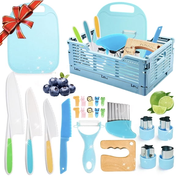 23 PCS Kids Kitchen Knife Set for Real Cooking & Basket, Gift Basket Stuffers Gifts for Kids,Montessori Toys for 3 4 5 6 7 8 9 10 Year Old kids Birthday Gifts, Toddler Knife Set, Toddler Kitchen Tool