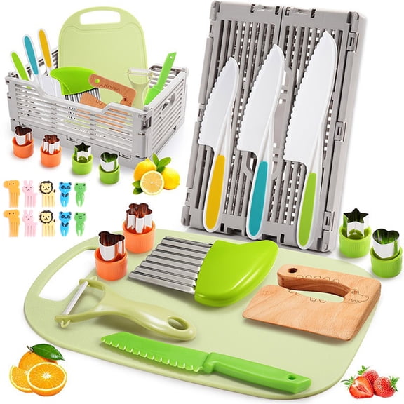 23 PCS Kids Kitchen Knife Set for Real Cooking & Basket, Gift Basket Stuffers Gifts for Kids,Montessori Toys for 3 4 5 6 7 8 9 10 Year Old kids Birthday Gifts, Toddler Knife Set, Toddler Kitchen Tool