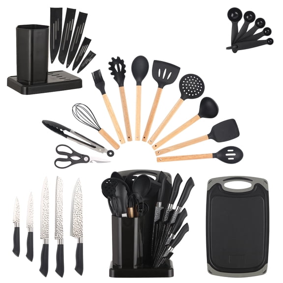 HEESEM 23 PCS Silicone Utensils Kitchenware Set with Removable Knife Cover, Non-Stick Heat Resistan Tools-Black