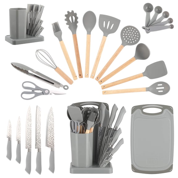 HEESEM 23 PCS Silicone Utensils Kitchenware Set with Removable Knife Cover, Non-Stick Heat Resistan Tools-Gray