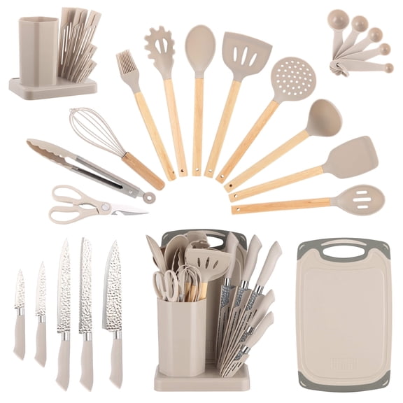 HEESEM 23 PCS Silicone Utensils Kitchenware Set with Removable Knife Cover, Non-Stick Heat Resistan Tools-Khaki