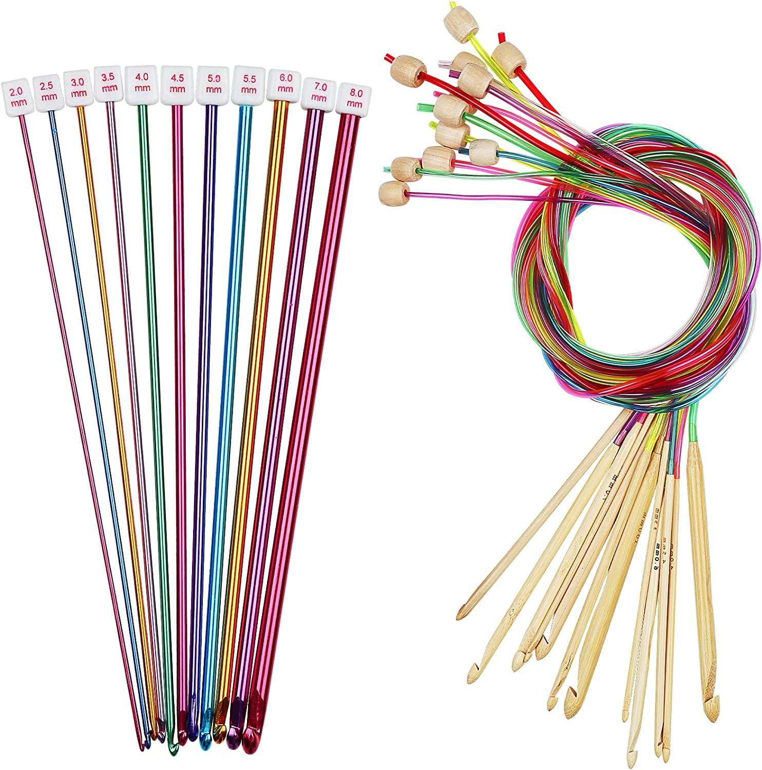 23 PCS Tunisian Crochet Hooks Set Including 11 PCS 2.0-8.0mm Metal Long Crochet Hooks & 12 PCS 3.0-10.0mm Carbonized Bamboo Afghan Crochet Needles with Cable, Crochet Hook Set Extra Long