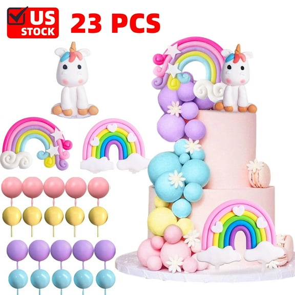 23 PCS Unicorn Cake Topper, Unicorn Rainbow Cake Decorations with Rainbow Unicorn Balls Happy Birthday Cake Decorations for Girls Birthday