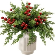 Natonhi 35pcs Norfolk Pine Branches with 10pcsRed Berry Stems- 14" Artificial Greenery Norfolk Pine Stems Sprigs- Fake Foliage Pine Needles Picks for DIY Craft Garland Home Decoration