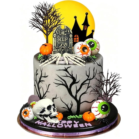 23 Pcs Halloween Cake Decorations, Gothic-Style Cake Decorations, Including Skulls, Spiders, Eyes, Graves and Pumpkins, Perfect for Decorating at Halloween Party