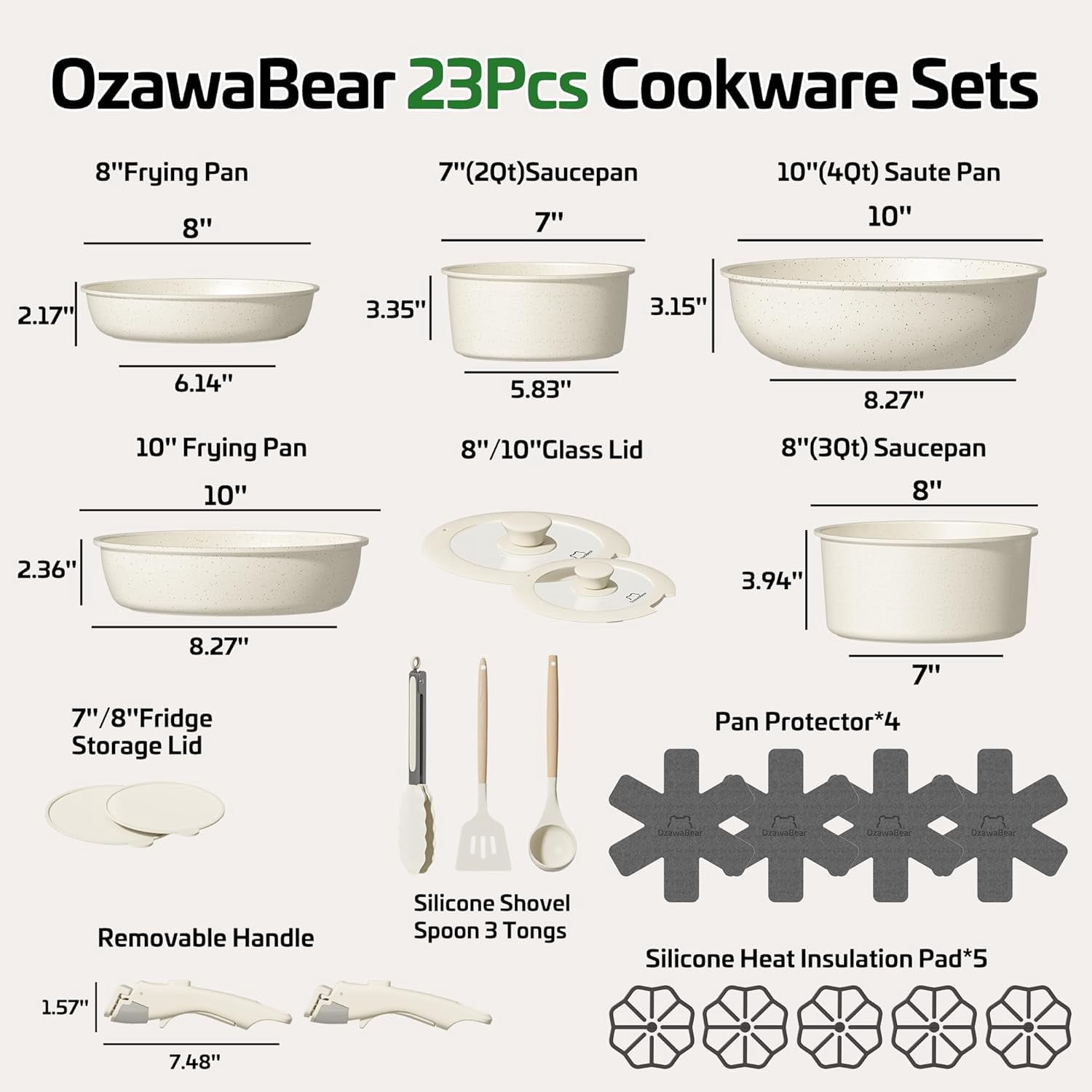 23 Pcs Pots and Pans Set Non Stick Ceramic Cookware Detachable Handles ...