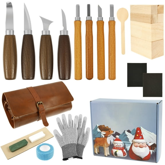 23 Pcs Practical Wood Carving Kit Complete Wood Whittling Kit with PU Leather Bag and Block for Beginner Professional Kid Adult