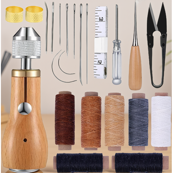 23-Piece Awl Kit with Waxed Thread, Straight and Bent Needles, Leather Stitching and Repair Tool Set
