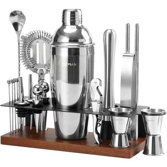23-Piece Bartender Kit, Cocktail Shaker Set with Stand | Bar Set Drink Mixer Set with All Essential Bar Tools: Martini Shaker,Bar Mixer Spoon, Jigger, Strainer, Muddler, Pourers, for Home, Bar, Party