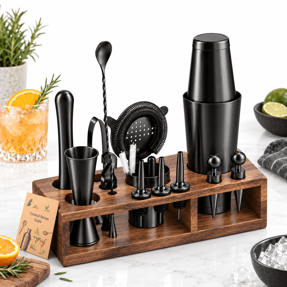 23-Piece Black Bartender Kit with Stand for Home Cocktail Making