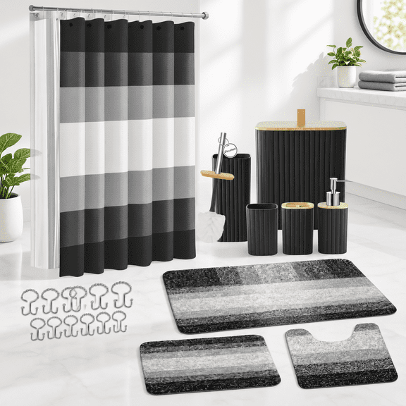 23 Piece Black Ombre Bathroom Accessory Set with Waterproof Liner for Coordinated Bath Spaces