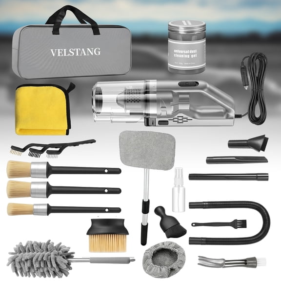 23-Piece Car Cleaning Kit, Grey Car Interior Deep Cleaning Tool Set with High-Power Handheld Vacuum, Detailing Brush Set, Windshield Cleaner, Cleaning Gel, Complete Auto Care Accessories