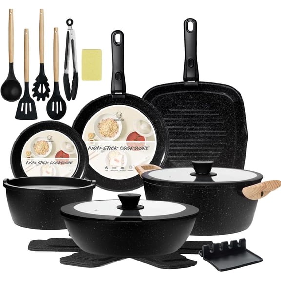 23 Piece Ceramic Cookware Set with Removable Handles Nonstick Induction Oven Safe Black