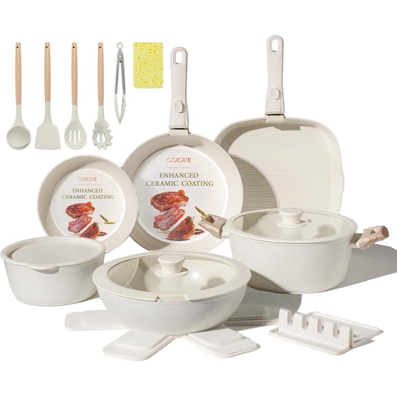 23-Piece Ceramic Nonstick Cookware Set with Detachable Handles Oven and Dishwasher Safe Cream White