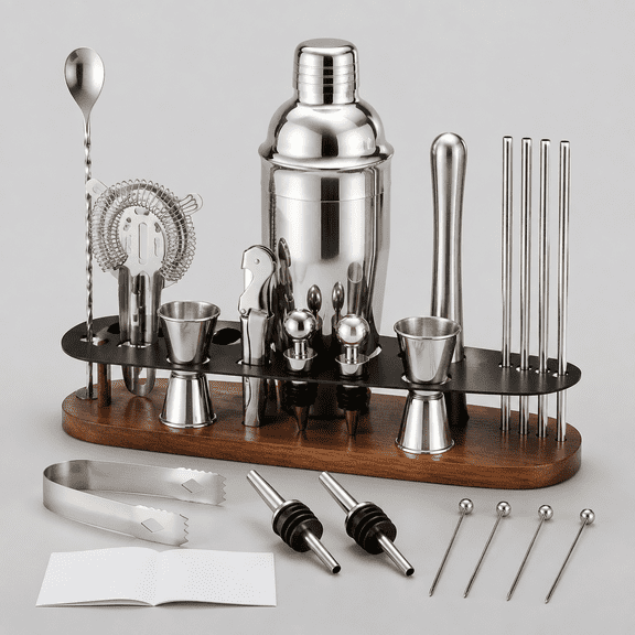 23-Piece Cocktail Shaker Set with Stand, 304 SS, Bartender Kit Gift | Complete Home Bar Set: Leak-proof Shaker, Jigger, Muddler, 18/8 Steel, Gift for beginners, cocktail lovers & house parties