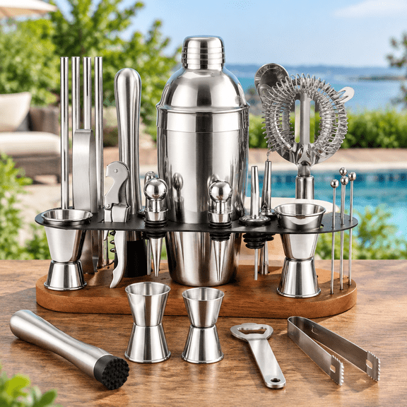 23-Piece Cocktail Shaker Set with Stand, 304 SS, Bartender Kit Gift
