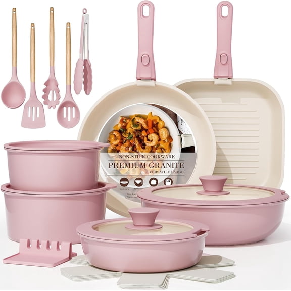 23 Piece Nonstick Ceramic Cookware Set with Detachable Handles Oven Safe Induction Ready Stackable Pink