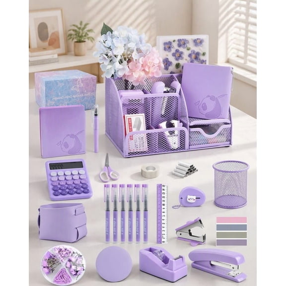 23-Piece Purple Desk Organizer Set with Holder, Stapler, Tape Dispenser, Calculator and Office Supplies in Gift Box