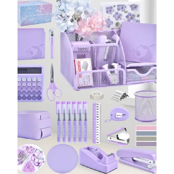 23-Piece Purple Desk Set with Organizer, Stapler, Tape Dispenser, Calculator, Pens, and Set, Gift Box Included