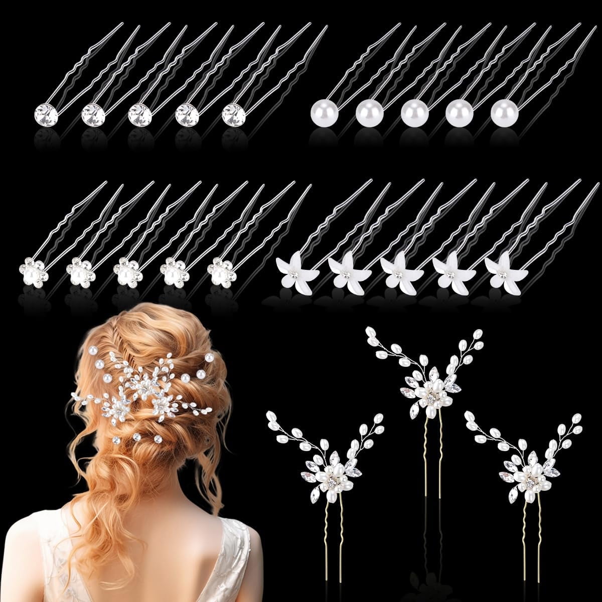 23 Pieces Bride Wedding Hair Pins, Crystal Flower Bridal Hair Clip, Pearl Hairpin U Shaped Hair Pins, Flower Rhinestone Hair Barrettes, Wedding Hair Accessories for Women, Bridesmaids, Show