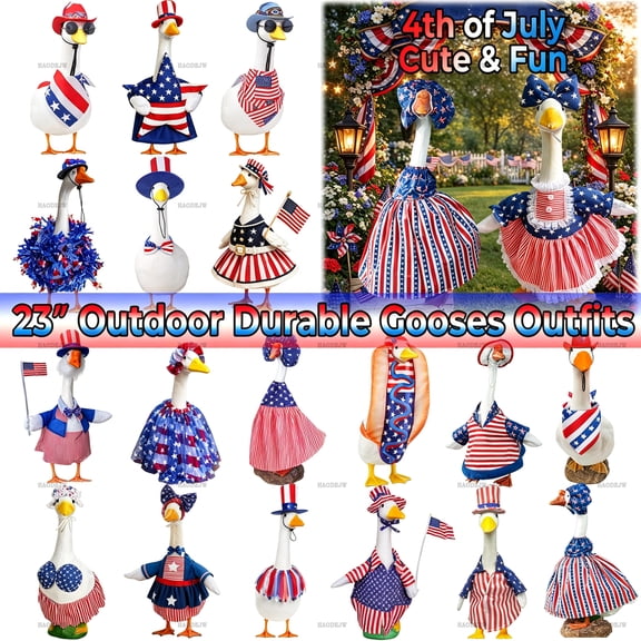 23" Porch Goose Statue Outfits, 4th of July Porch & Outdoor Decor Patriotic Bow Lace Dress Design, Cute & Fun Yard Garden Decor for Daily Patio Decor, Holiday Festival Events by HAODEJW
