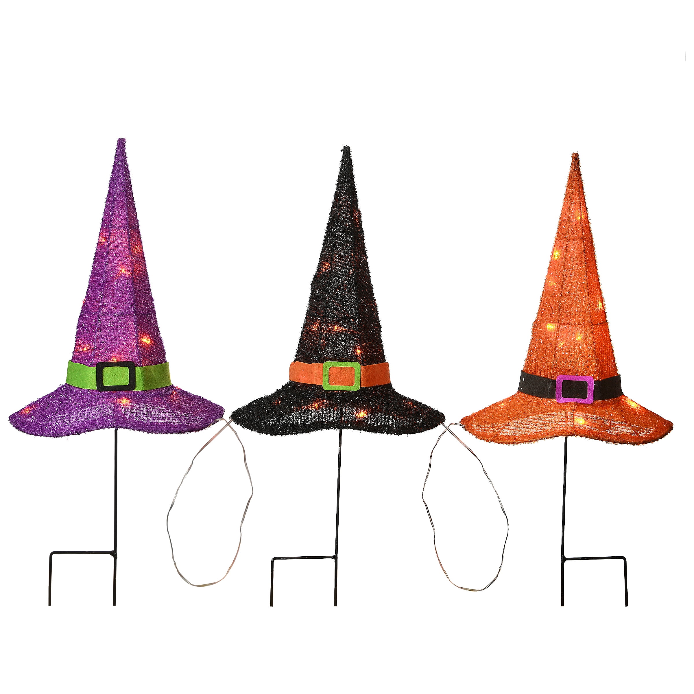 23" Pre-lit Multicolor Witch's Hat Garden Stakes with Glittering Tinsel Fabric