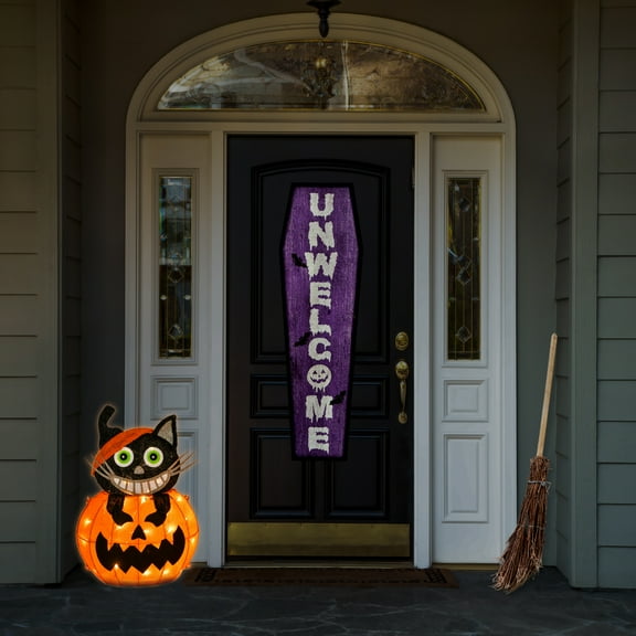 23" Pre-Lit Pumpkin and Black Cat