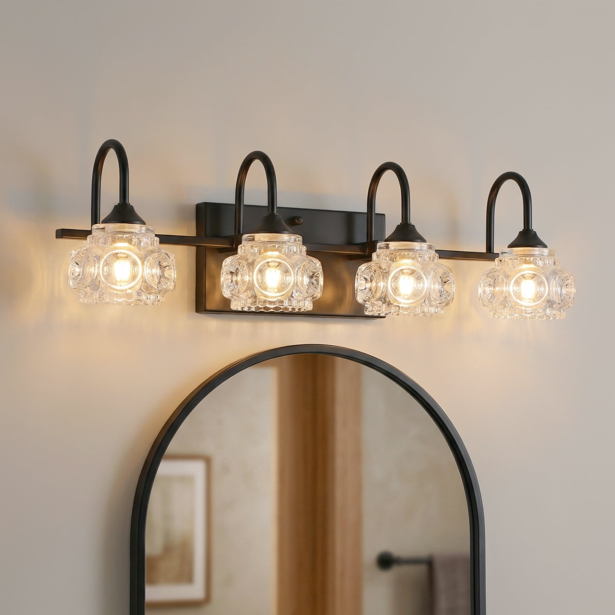 23" Retro 4-Light Bathroom Vanity Light Fixture, Black Bathroom Light with Crystal Glass Shades, Wall Mounted Bathroom Lighting Fixture Over Mirror, Vanity Light for Powder Room (Bulbs Not Included)