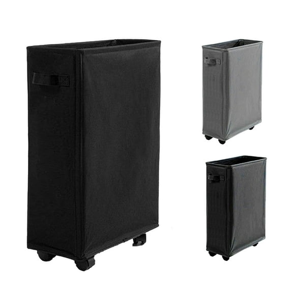 23" Rolling Foldable Slim Laundry Basket with Lid Breathable Mesh Cover, Laundry Hamper on Wheels Tall Thin Dirty Cotton Corner Bin for Home,Black