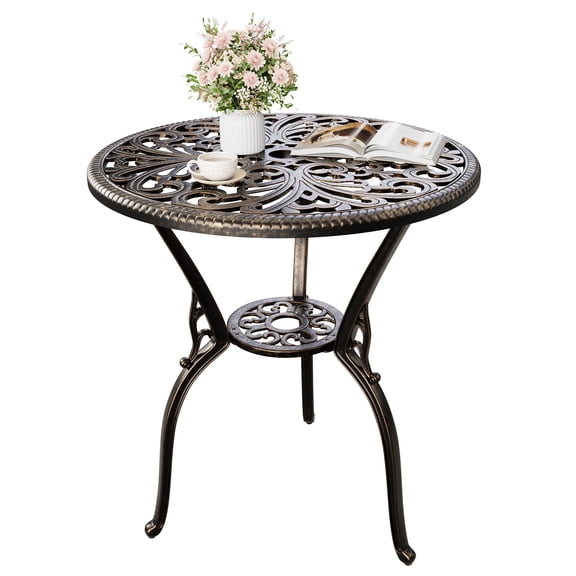 23" Round Cast Aluminum Patio Bistro Table, Outdoor Coffee Bistro Side Table with Umbrella Hole, Antique Design Dining Desk for Backyard, Garden, Porch, Pool, Balcony