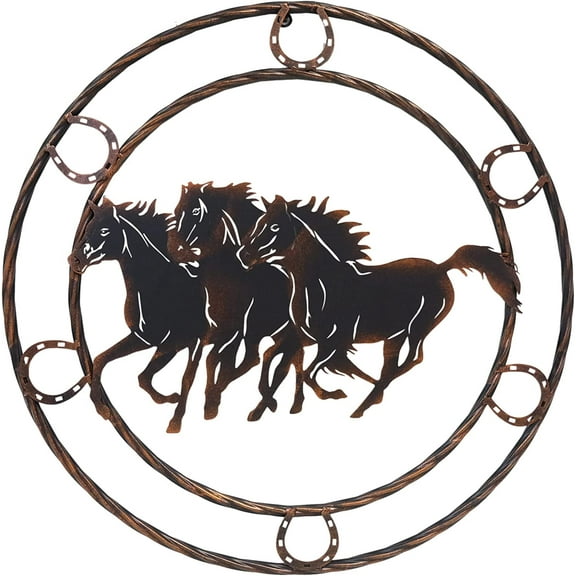 23" Rustic Metal Circle Wall Hanging Sign Horses (Brown Bronze )