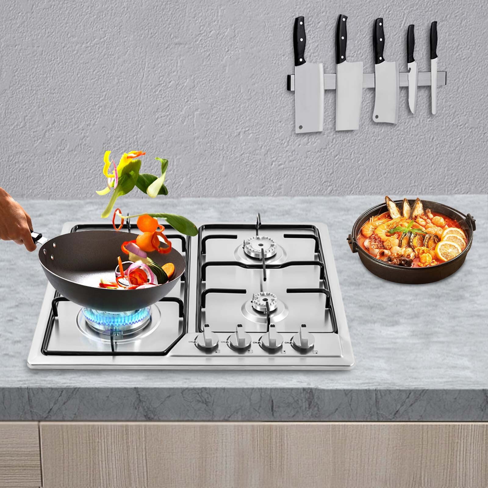 23" Stove Top 4 Burners Built-In Gas Propane LPG Cooktop Cooking Stainless Steel 22.83*19.68inch for Domestic or Commercial Cooking in Homes or Restaurants