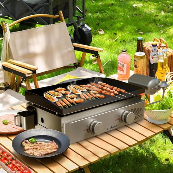 23" Tabletop Propane Grilddle for Outdoor Kitchen Barbecue Grill, Non Stick Enamel/ Stainless Steel/2 Burner Portable Flat Top Grill