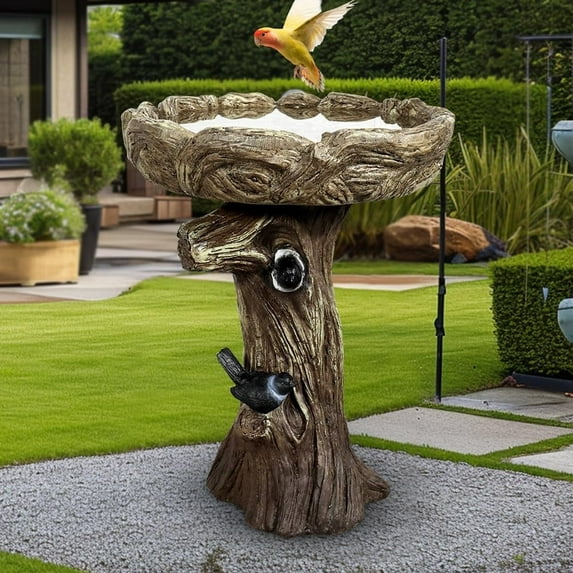 23” Tall Fibre Reinforced Concrete Birdbaths with Birds for Patio, Woodland Tree Trunk Decorative Outdoor Bird Bath for Garden，Pedestal Birdbaths for Outdoors, Garden, Patio, Lawn, Backyard