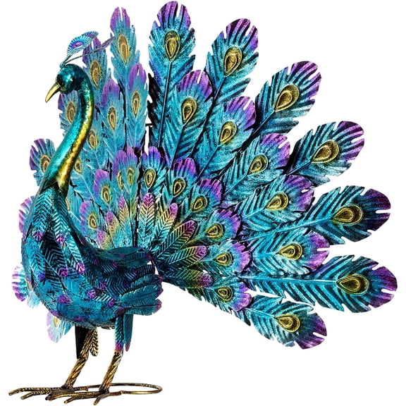 23" Tall Outdoor Metal Peacock Statue, Multicolor | Vibrant multicolor peacock statue with a detailed tail spread for gardens, patios, lawns, and entryways