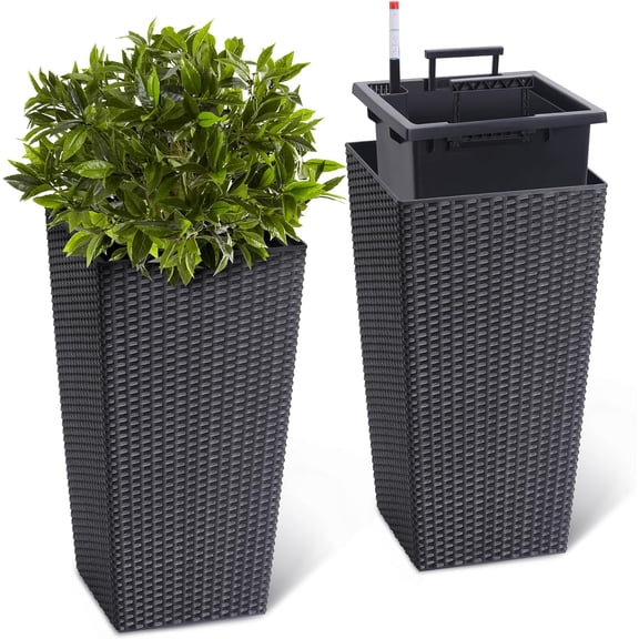 23" Tall Planter Set of 2, Outdoor Indoor Planter Pots, High Front Porch Planter Pots with Drainage Holes Water Level Monitor Inner Bucket, Automatic Watering, Convenience Instill, Black