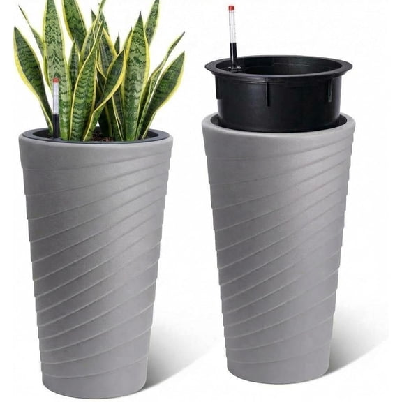 23" Tall Planters Set of 2, Self-Watering Pots with Built-in Drainage and a Water Level Monitor, Large Flower Pot Outdoor for Garden, Patio, Porch, Balcony, Gray
